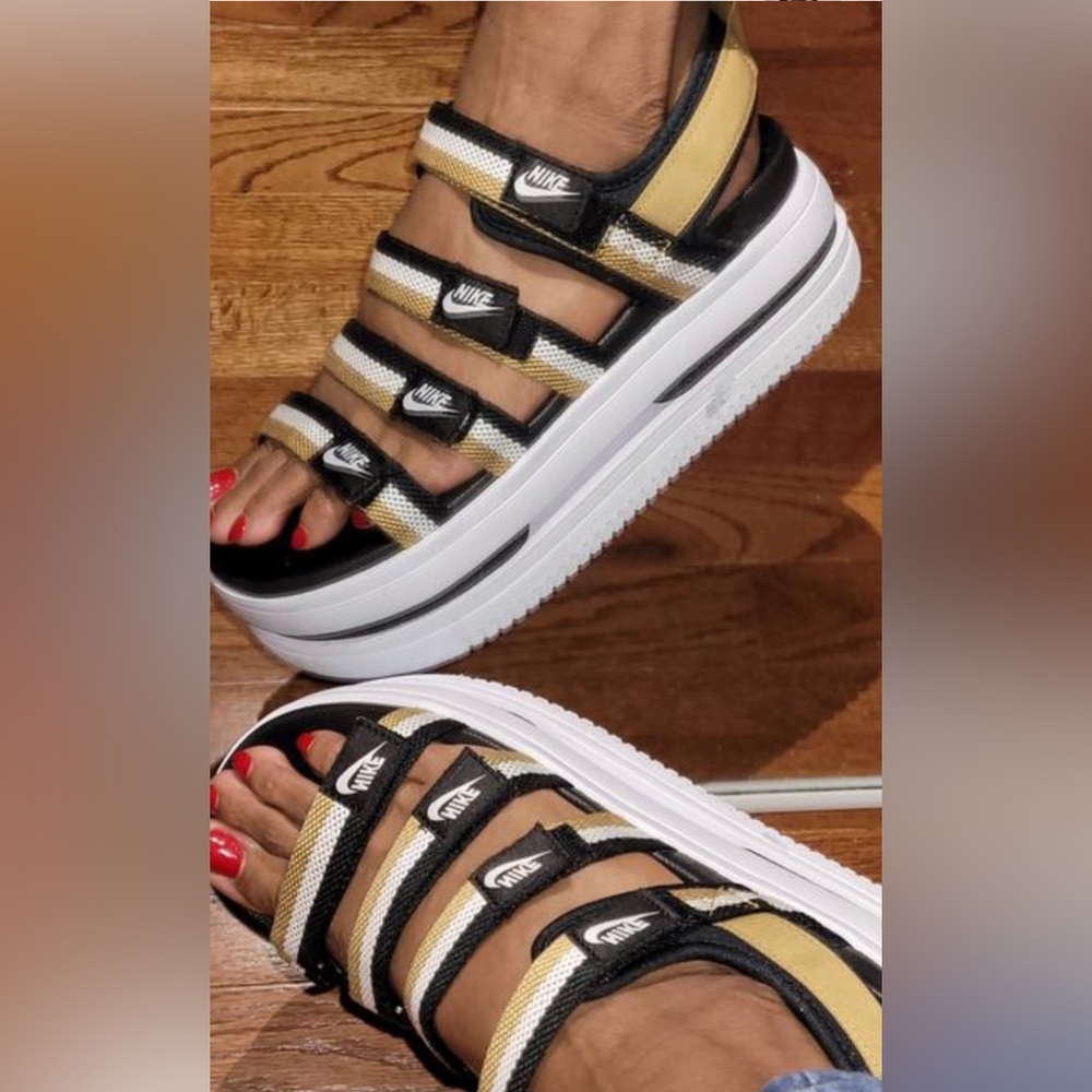 Nike Icon Black and Tan Strappy Platform Sandals